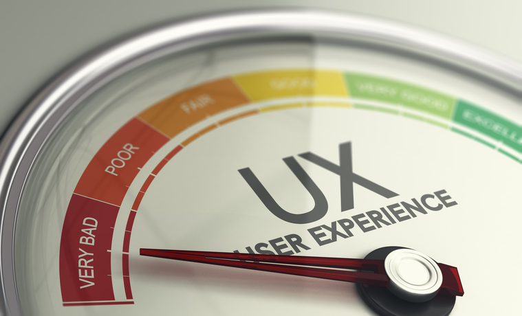 3D illustration of an user experience gauge with the needle pointing very bad UX design. 